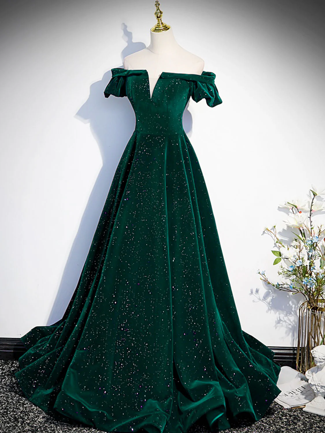 A-Line Off Shoulder Velvet Long Prom Dresses, Green Velvet Graduation Dress - Deanwangkt