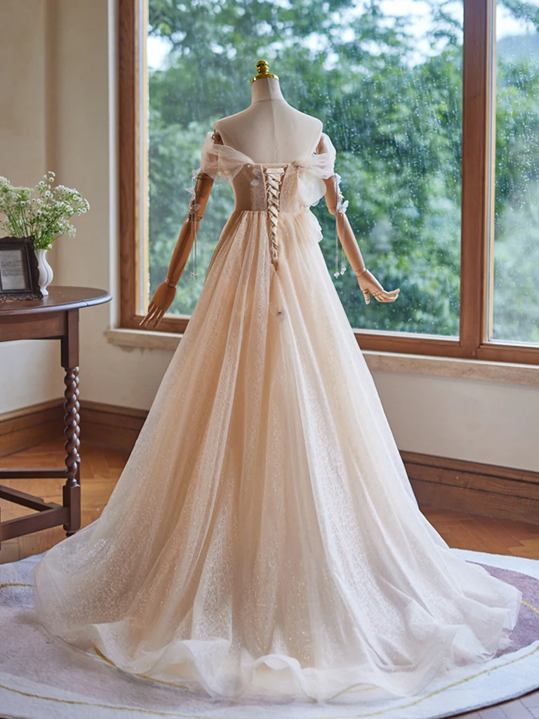 A-Line Off Shoulder Tulle Beads Champagne Long Prom Dress - Deanwangkt