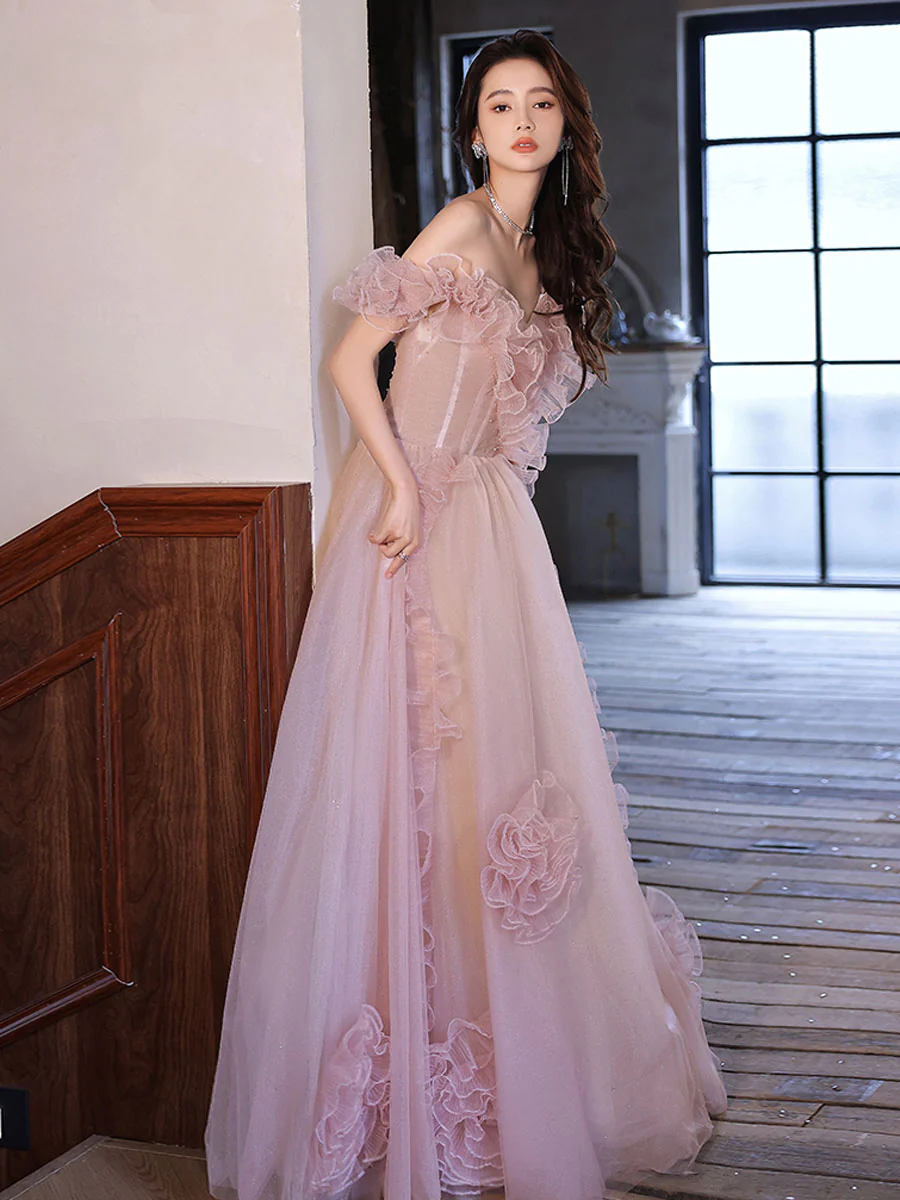 Pink Tulle Off Shoulder Long Prom Dress, Pink Formal Graduation Dresses - Deanwangkt