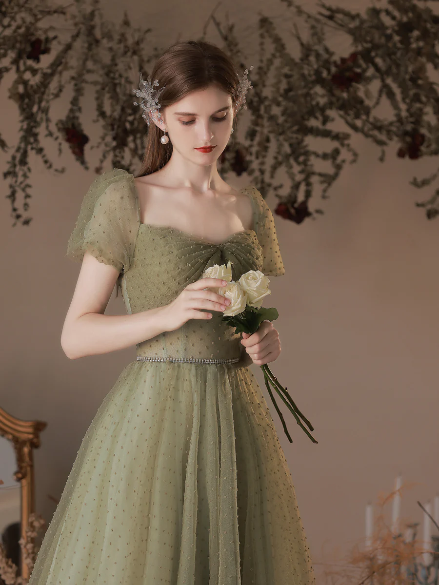 A-Line Green Tulle Long Prom Dresses, Green Tulle Formal Evening Dress - Deanwangkt