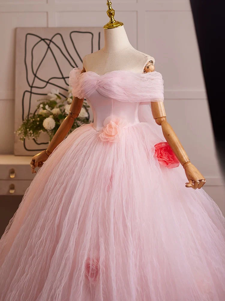 A-Line Off Shoulder Tulle Pink Long Prom Dress, Pink Tulle Long Sweet 16 Dress - Deanwangkt