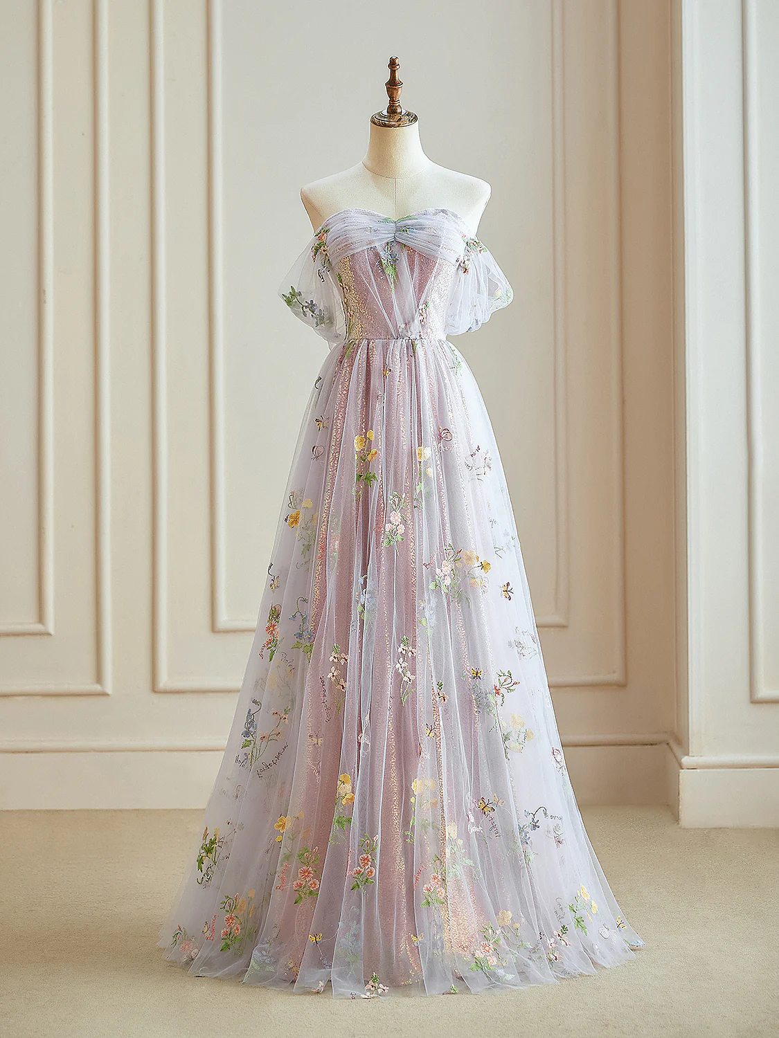 A-Line Off Shoulder Tulle Lace Sequin Purple Long Prom Dress, Purple Sequin Long Evening Dress - Deanwangkt