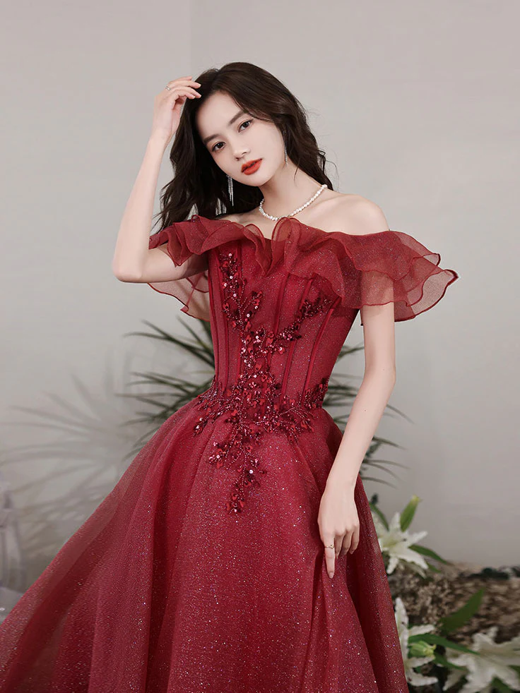 Burgundy Tulle Off Shoulder Long Prom Dress, Burgundy Evening Dress - Deanwangkt