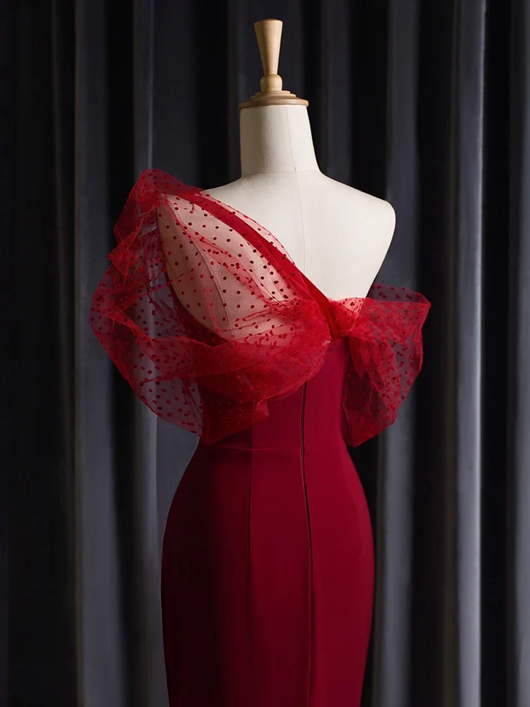 Mermaid One Shoulder Satin Tulle Burgundy Long Prom Dress, Burgundy Long Formal Dress - Deanwangkt