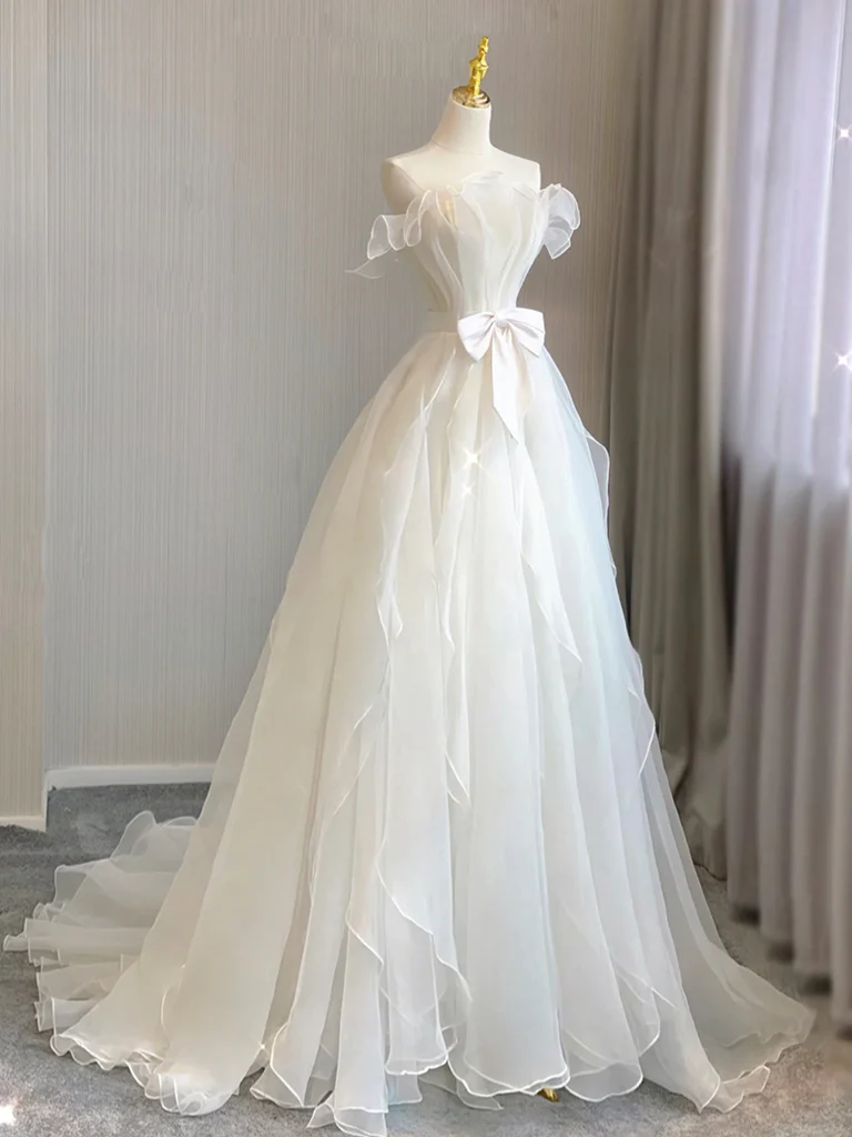 A-Line Organza White Long Prom Dress, White Long Formal Dress - Deanwangkt