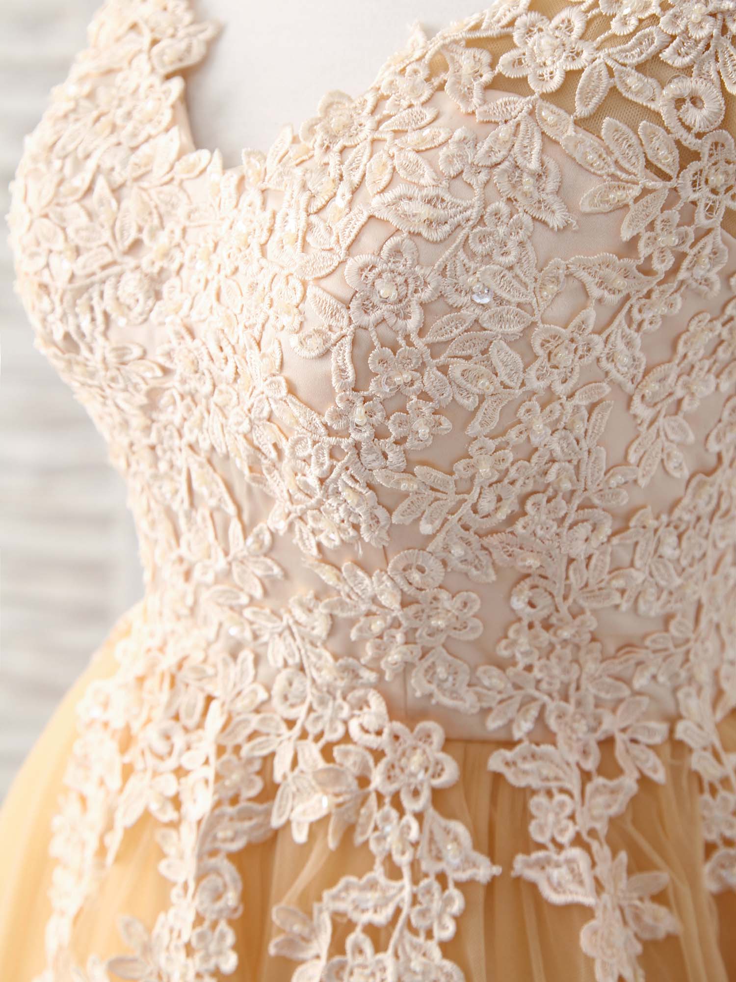 Champagne V Neck Tulle Lace Applique Short Prom Dresses - Deanwangkt