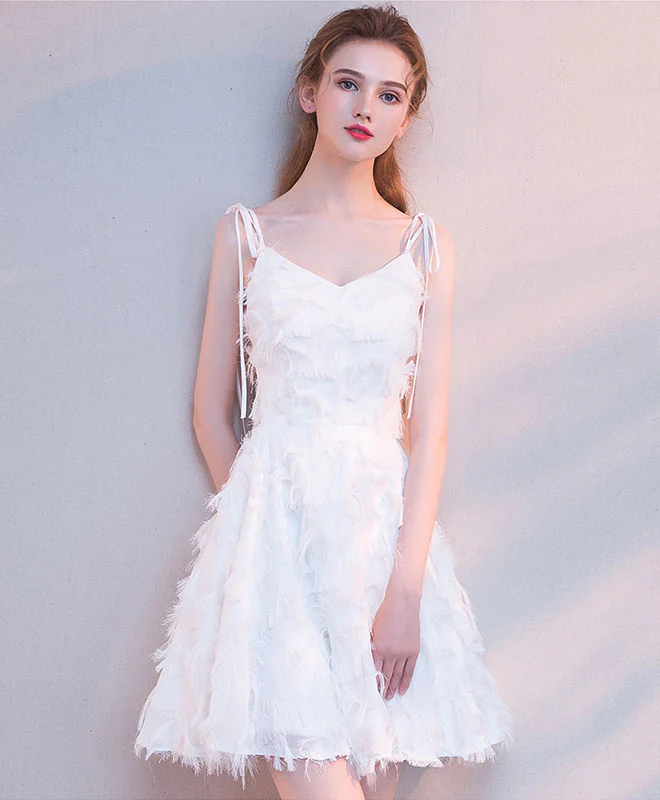 White V Neck Short Prom Dress, White Homecoming Dress - Deanwangkt