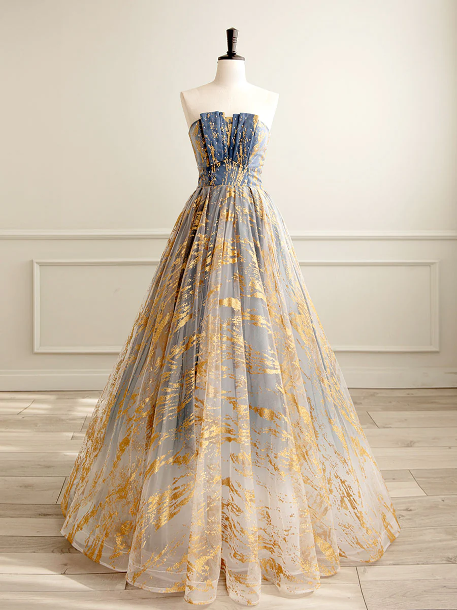 A-Line Tulle Gold/Blue Long Prom Dress, Blue Formal Evening Dress - Deanwangkt