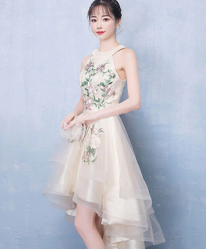 Light Champagne Tulle Lace Short Prom Dress, Champagne Homecoming Dress - Deanwangkt