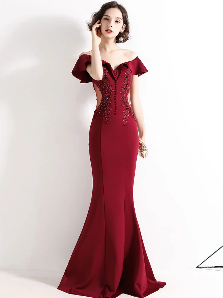Burgundy Off Shoulder Satin Lace Long Prom Dress, Burgundy Evening Dresses - Deanwangkt