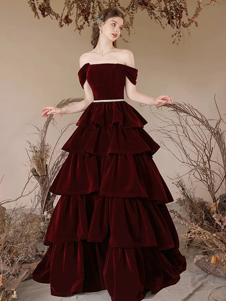 A-Line Off Shoulder Velvet Burgundy Long Prom Dress, Burgundy Long Formal Dress - Deanwangkt