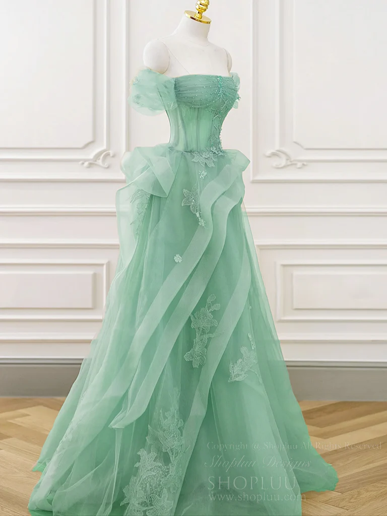 A-Line Off Shoulder Tulle Lace Mint Blue Long Prom Dress, Mint Blue Long Formal Dress - Deanwangkt