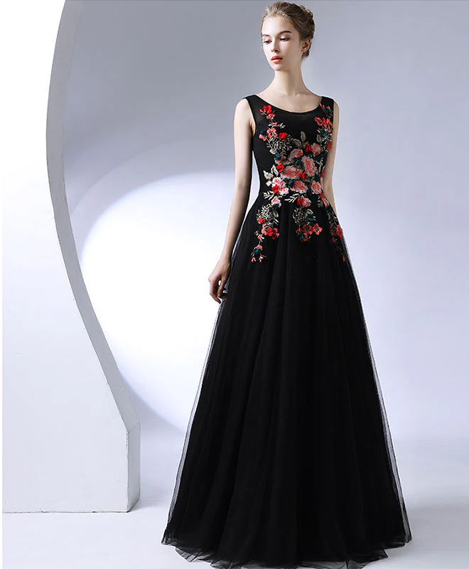 Black Round Neck Long Prom Dress, Black Evening Dress - Deanwangkt