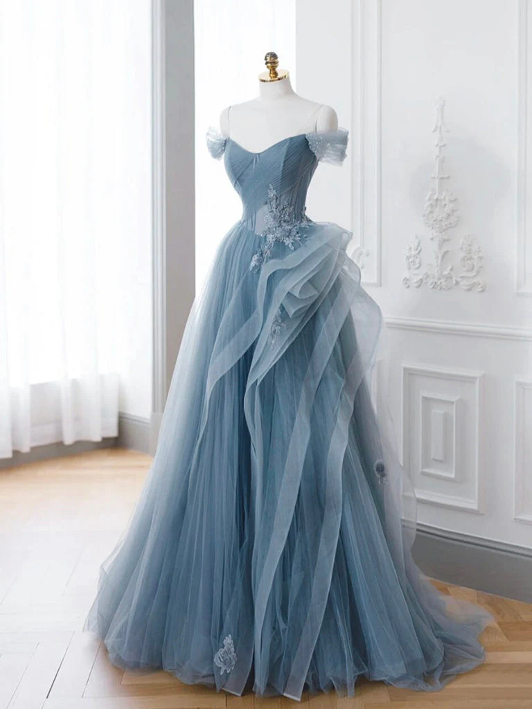 A-Line off Shoulder Tulle Lace Gray Blue Long Prom Dress, Blue Long Formal Dress - Deanwangkt