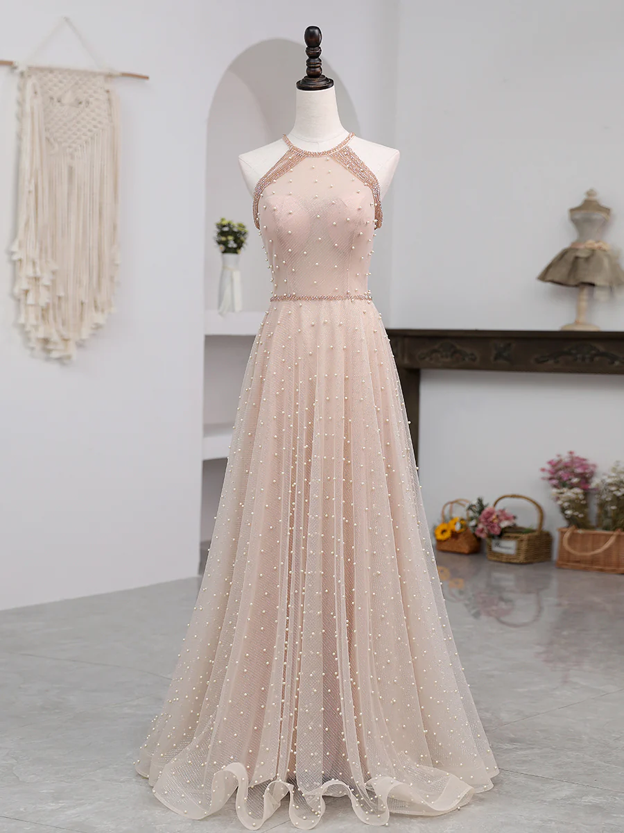 Champagne Pink Long Prom Dress, A Line Tulle Formal Dress Graduation Dresses - Deanwangkt