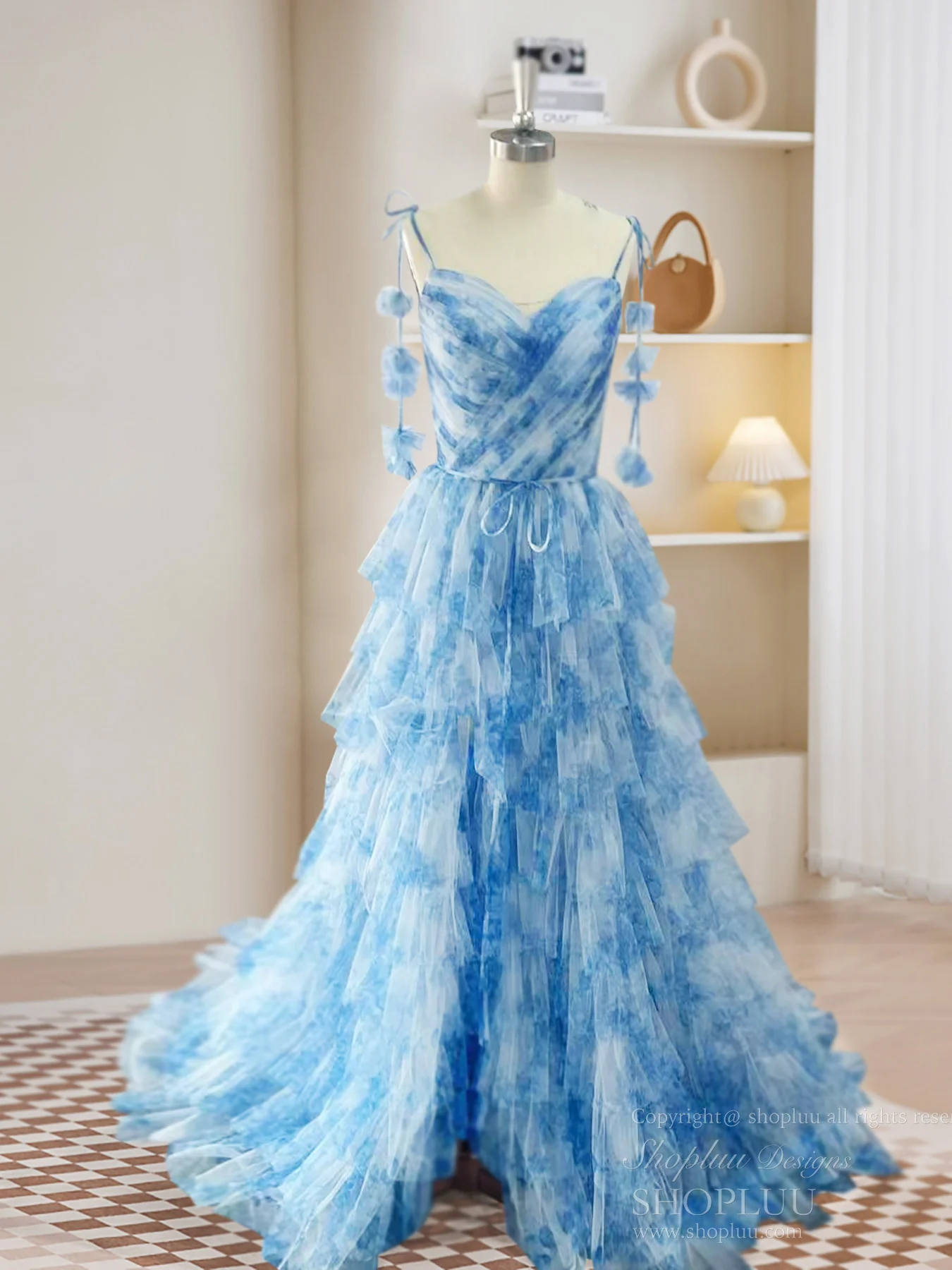A-Line Tulle Blue Long Prom Dress, Blue Long Formal Dress - Deanwangkt