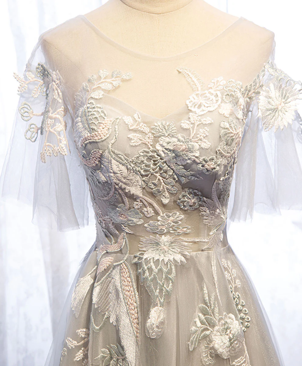 Gray Aline Lace Long Prom Dress, Gray Tulle Lace Formal Graduation Dress - Deanwangkt