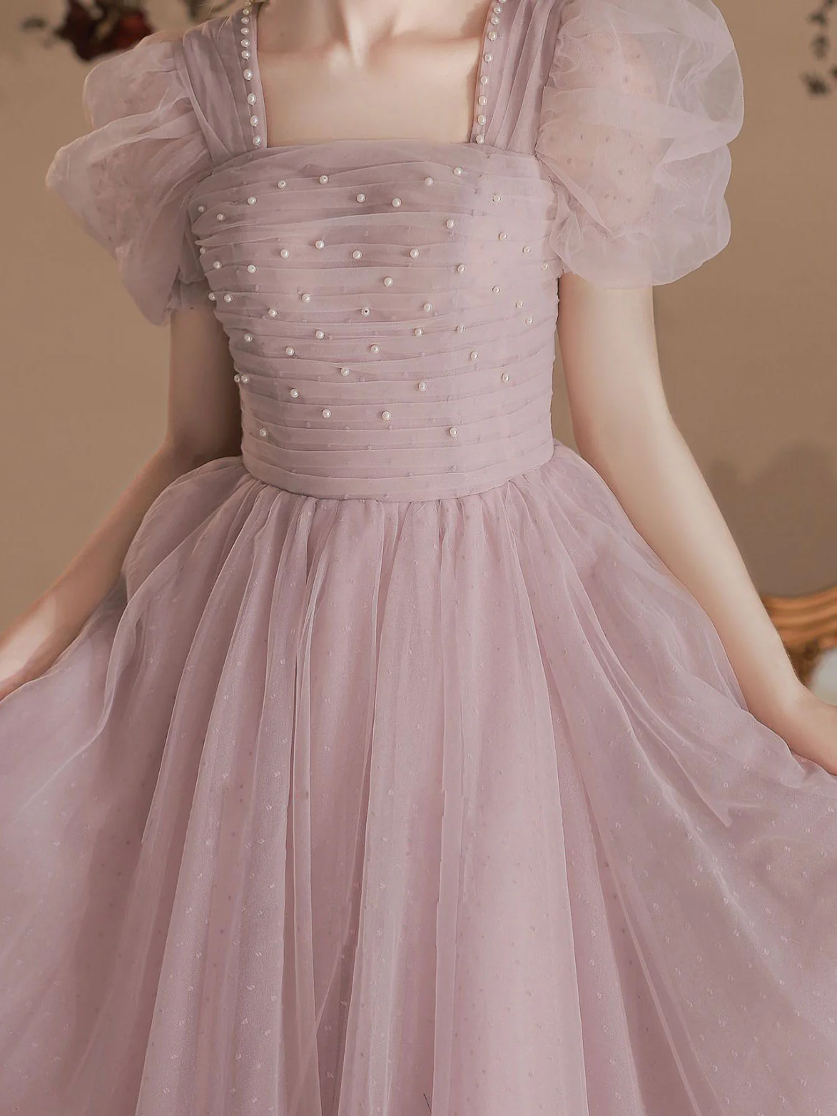 A-Line Pink Tulle Beading Long Prom Dress, Pink Formal Evening Dresses - Deanwangkt