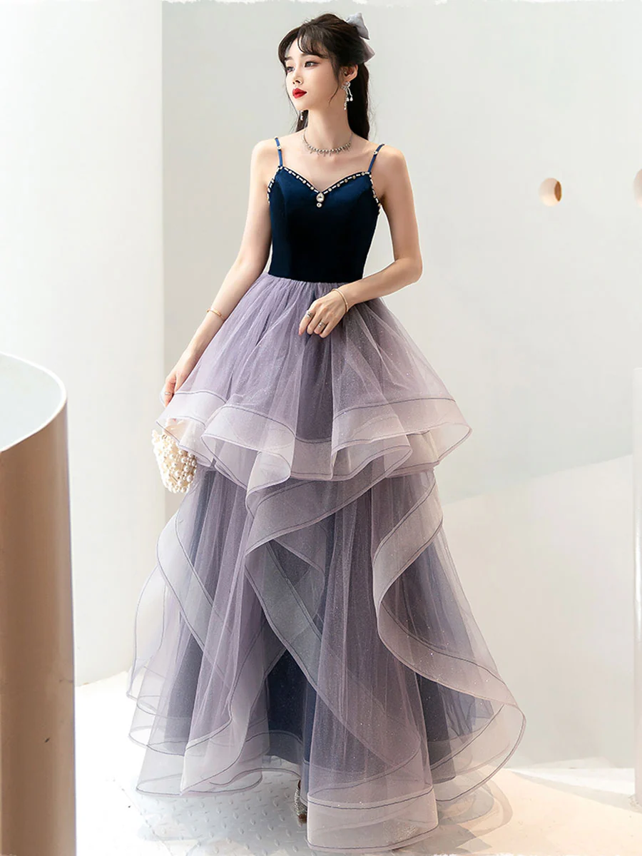 Purple Sweetheart Neck Tulle Long Prom Dress Purple Graduation Dresses - Deanwangkt