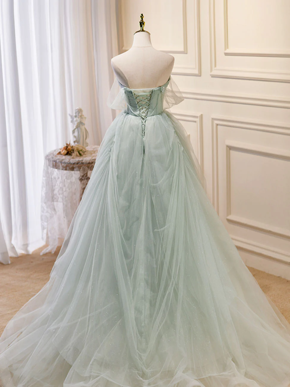 A-Line Off Shoulder Tulle Green Long Prom Dresses, Green Formal Dress with Beading - Deanwangkt