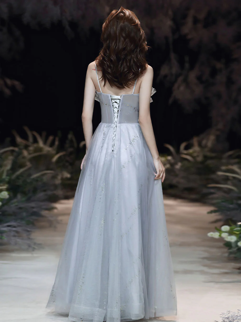 Gray A line Tulle Long Prom Dress, Gray Formal Graduation Dress with Lace Applique - Deanwangkt