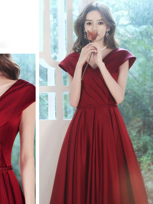 Simple V Neck Burgundy Long Prom Dress, Burgundy A-line Formal Dresses - Deanwangkt