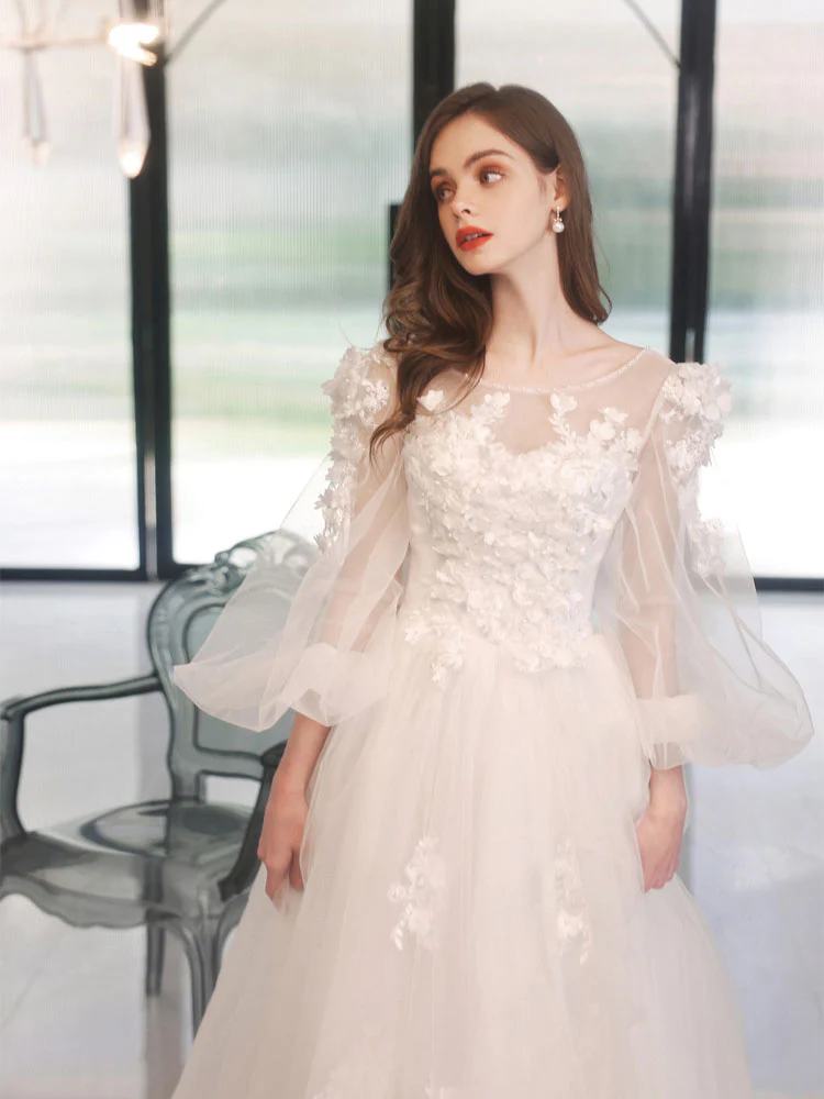 A-Line Round Neck White Tulle Lace Long Prom Dress, White Formal Dress - Deanwangkt