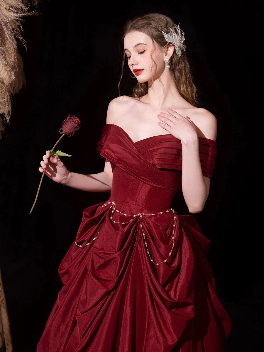 A-Line Off Shoulder Satin Burgundy Long Prom Dress, Burgundy Long Evening Dress - Deanwangkt