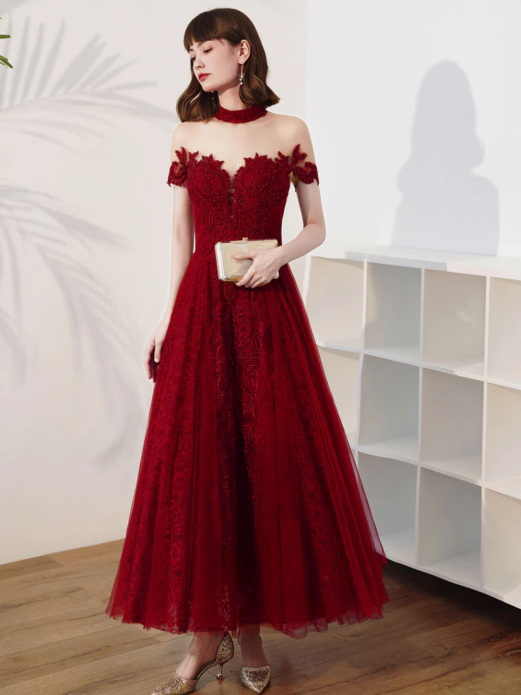Burgundy Tulle Lace Tea Length Prom Dress, Burgundy Evening Dress - Deanwangkt