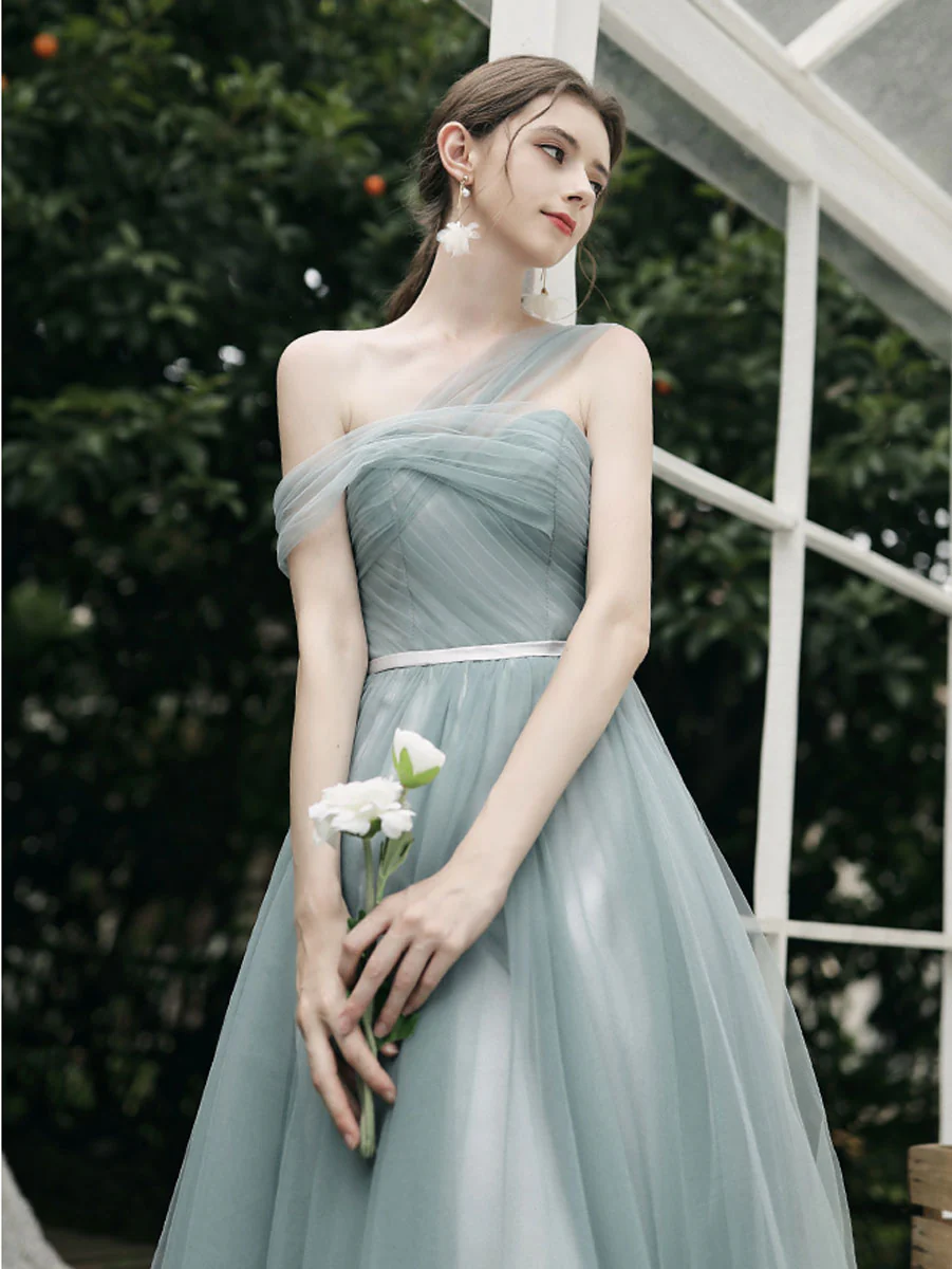 Simple A line Green Tulle Long Prom Dress, Green Tulle Bridesmaid Dresses - Deanwangkt