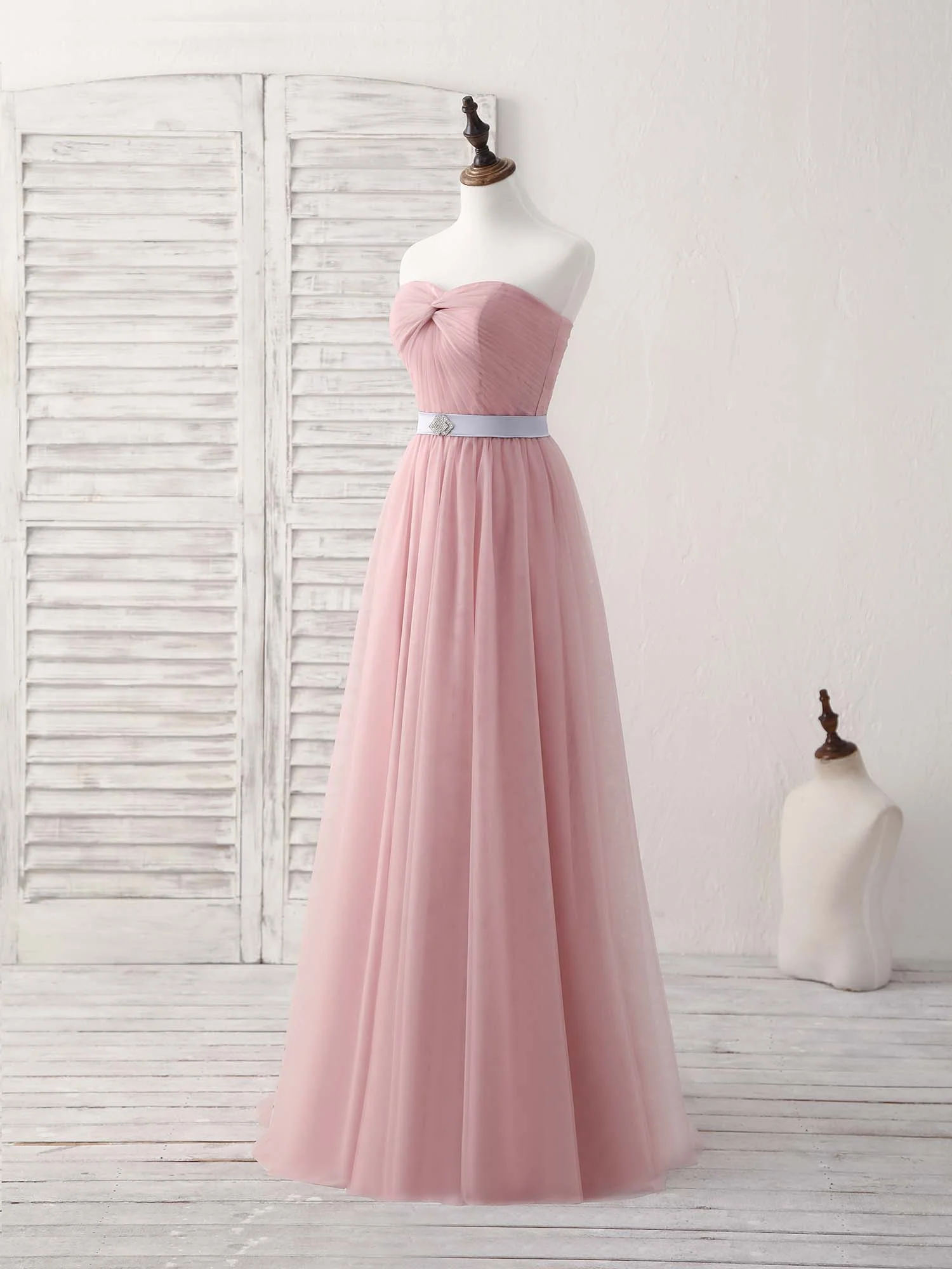 Pink Sweetheart Neck Tulle Long Prom Dress, Aline Pink Bridesmaid Dress - Deanwangkt