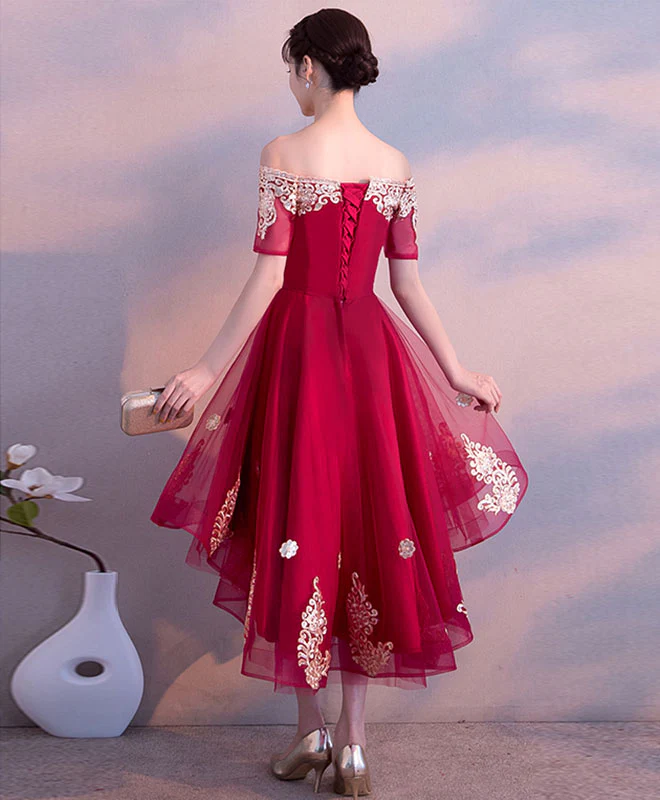 Burgundy Tulle High Low Prom Dress, Burgundy Lace Bridesmaid Dress - Deanwangkt