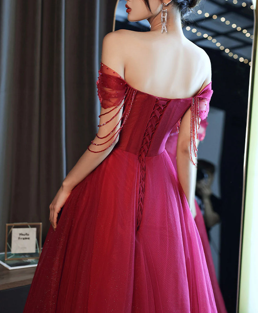 Burgundy Tulle Off Shoulder Long Prom Dress, Burgundy Graduation Dress with Beading - Deanwangkt
