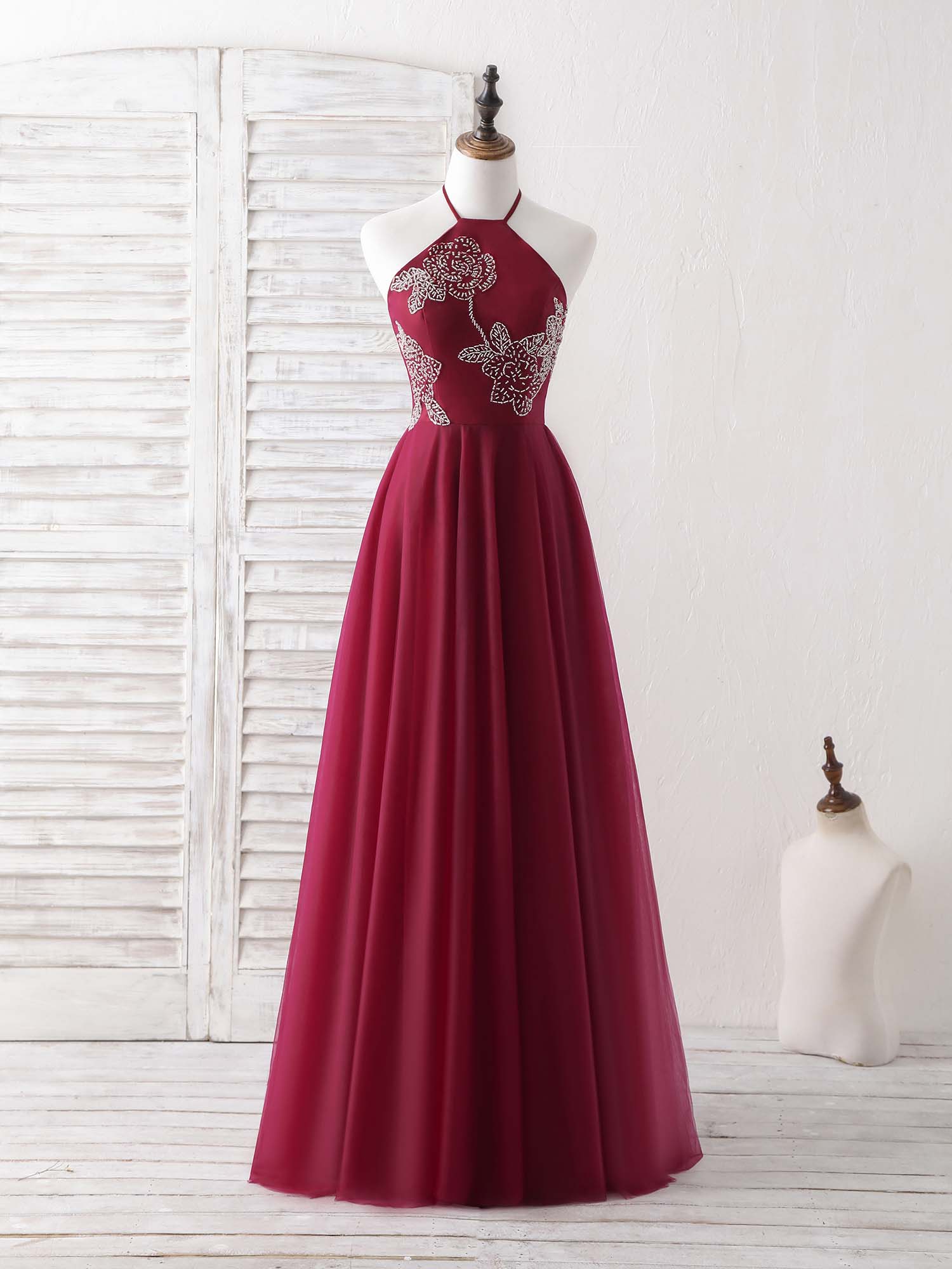 Burgundy Tulle Beads Long Prom Dress Burgundy Evening Dress - Deanwangkt