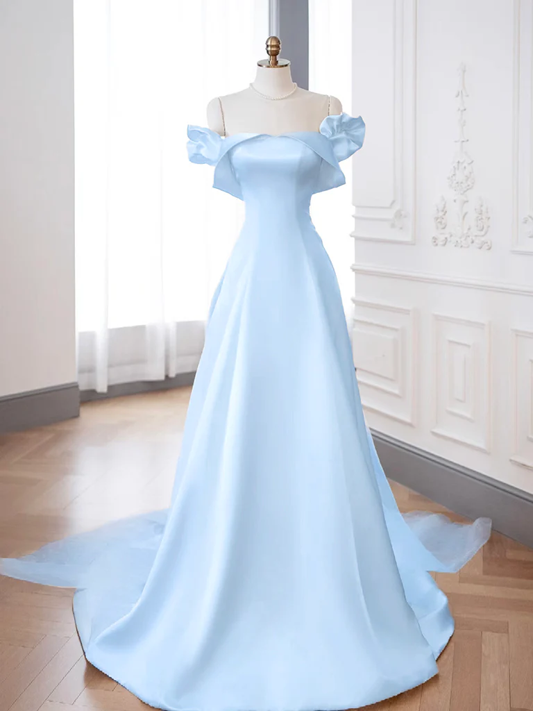 A-Line Off Shoulder Satin ivory Long Prom Dress, ivory Long Formal Dress - Deanwangkt