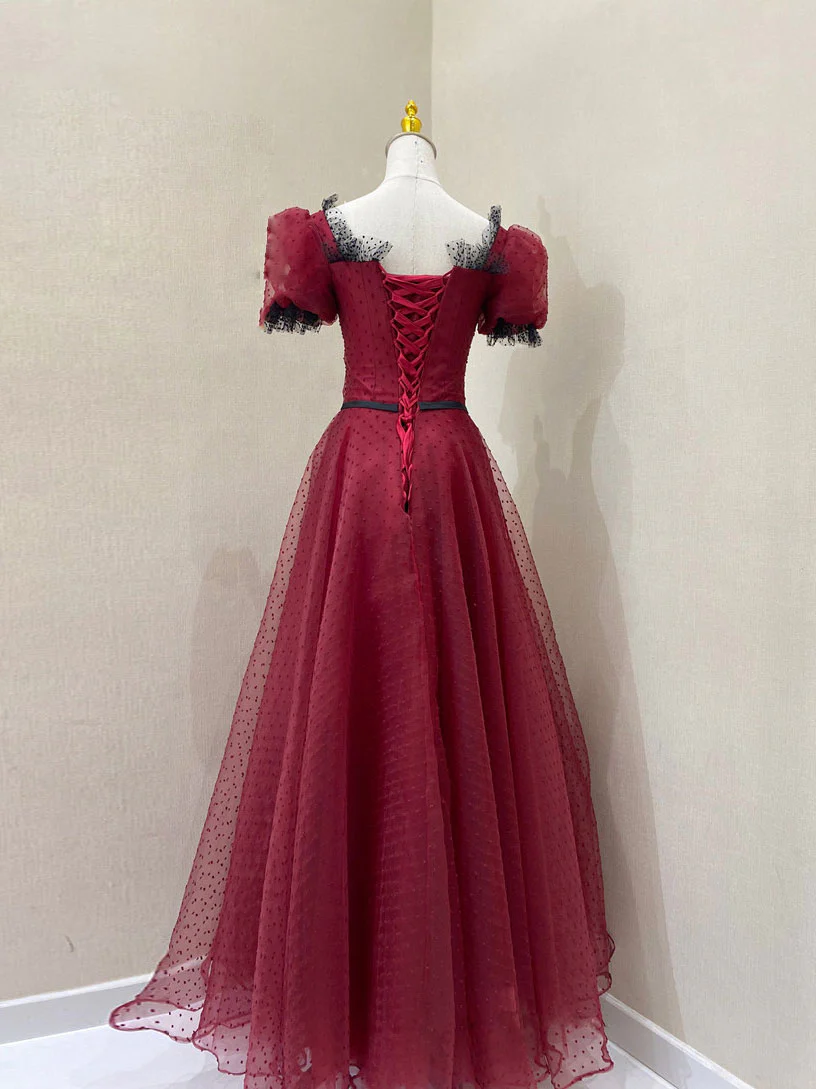 Burgundy Tulle Lace Long Prom Dress, Burgundy Evening Dress - Deanwangkt