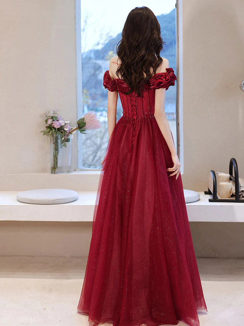 Burgundy Off Shoulder Tulle Long Prom Dress, Burgundy Formal Dresses - Deanwangkt