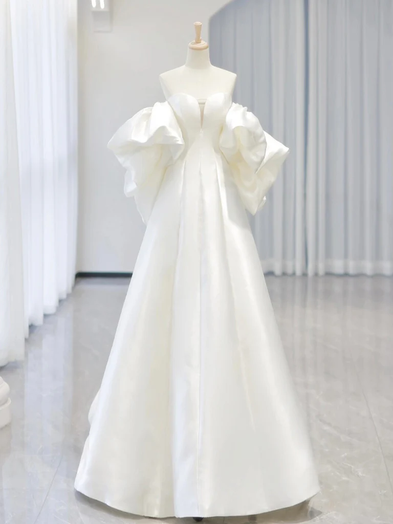 White A-Line Satin Long Prom Dress, White Satin Long Formal Dress - Deanwangkt