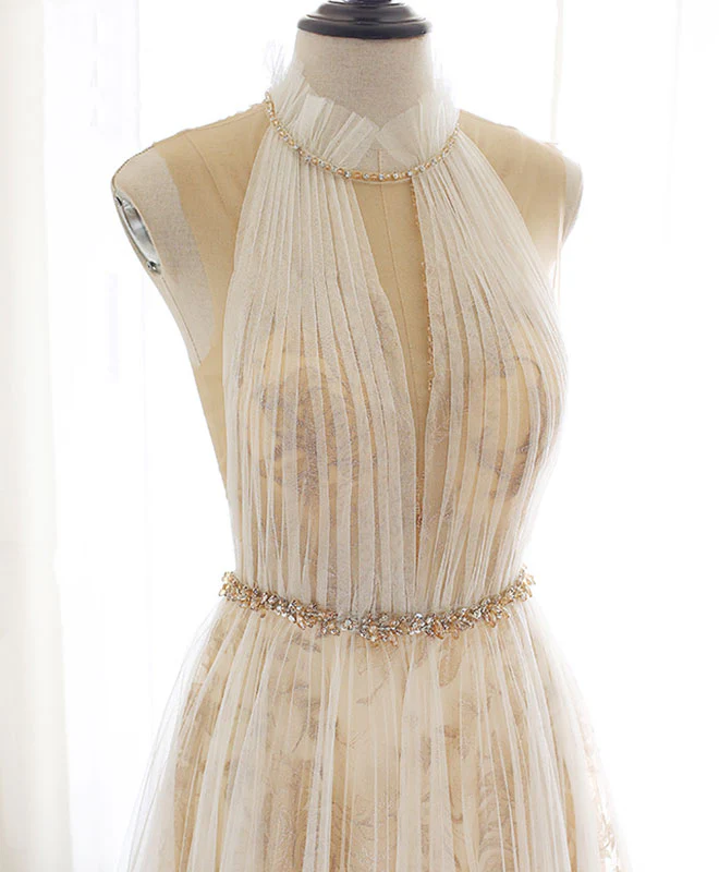 Champagne Tulle Lace Long Prom Dress, Champagne Evening Dress - Deanwangkt