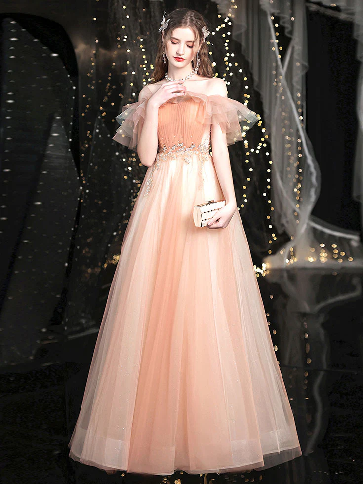 Champagne Sweetheart Neck Tulle Long Prom Dress, Tulle Formal Dress - Deanwangkt