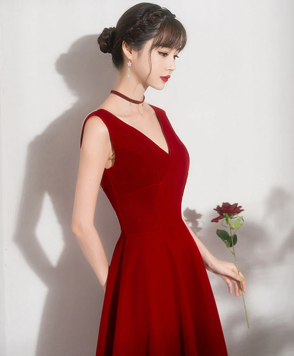 Burgundy V Neck Short Prom Dress, Burgundy Bridesmaid Dress - Deanwangkt