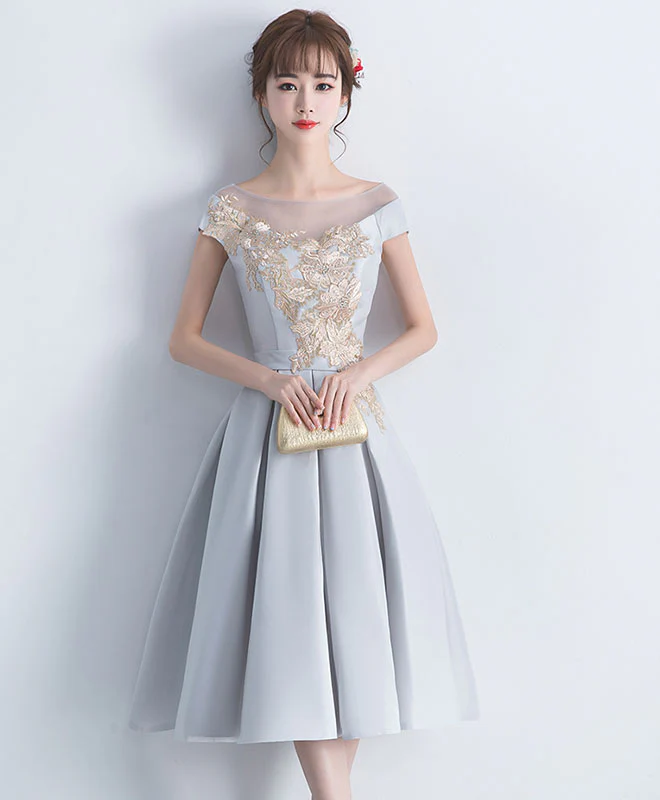 Gray Satin Lace Short Prom Dress, Gray Bridesmaid Dress - Deanwangkt
