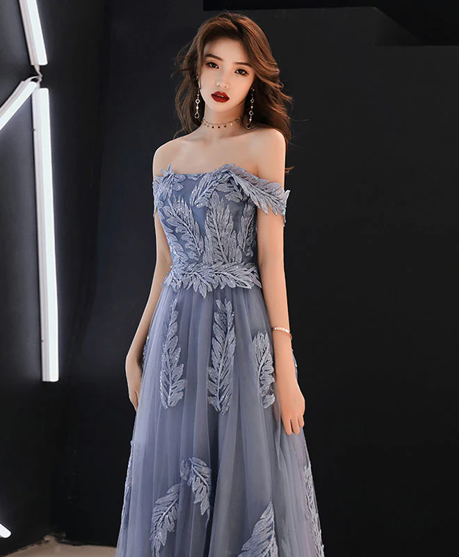 Gray Blue Tulle Lace Long Prom Dress, Gray Blue Tulle Evening Dress - Deanwangkt