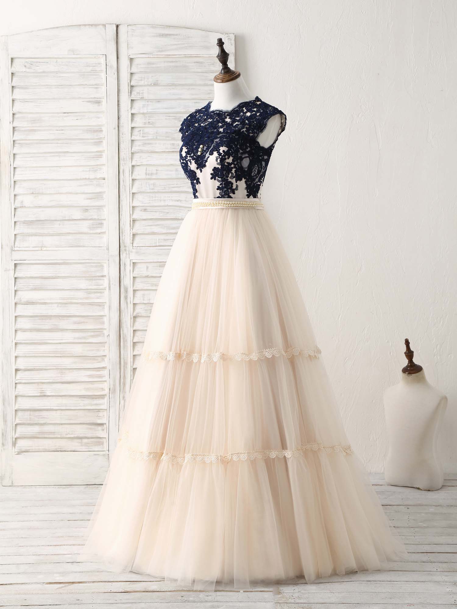 Elegant Tulle Lace Applique Long Prom Dress Tulle Evening Dress - Deanwangkt