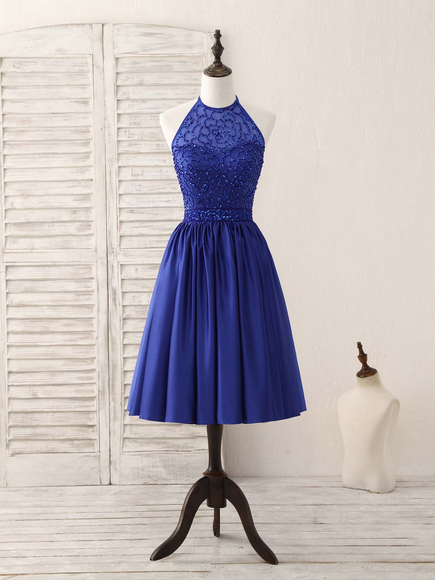 Royal Blue Satin Beads Short Prom Dress Blue Homecoming Dress - Deanwangkt