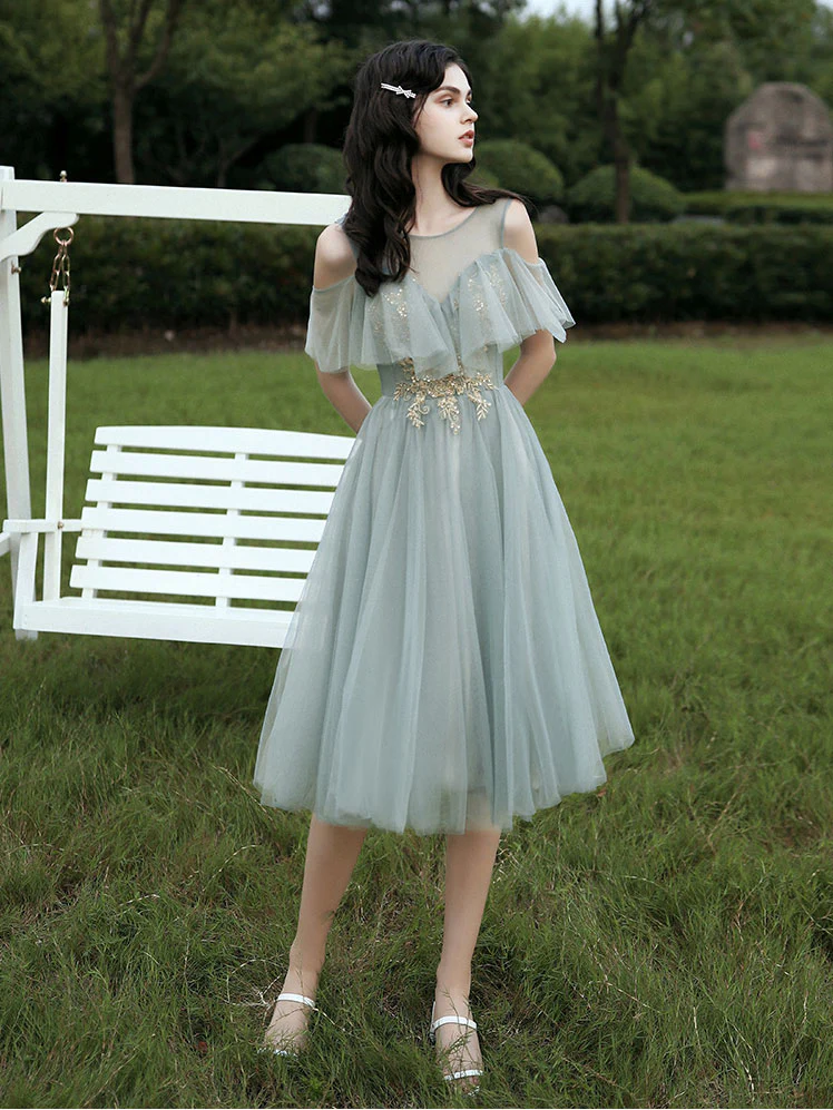 Gray Green Tulle Lace Short Prom Dresses, Gray Tulle Bridesmaid Dress - Deanwangkt
