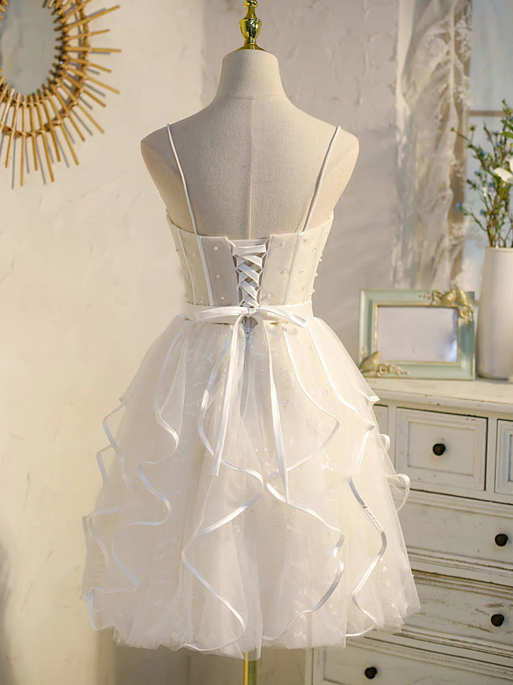 Beige Tulle Short Prom Dress, Mini/Short Beige Homecoming Dresses - Deanwangkt