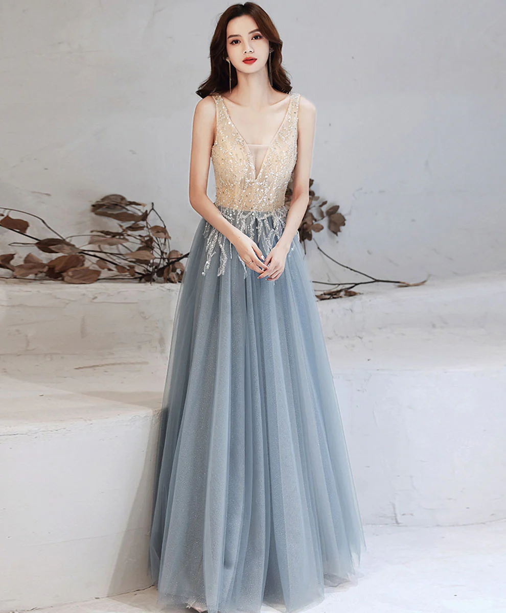 Gray Blue Tulle V Neck Sequin Long Prom Dress Blue Formal Evening Dress - Deanwangkt