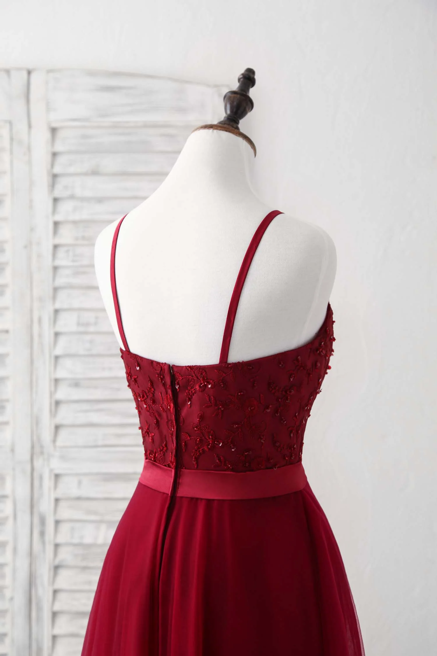 Burgundy Tulle Lace Long Prom Dress, Burgundy Bridesmaid Dress - Deanwangkt