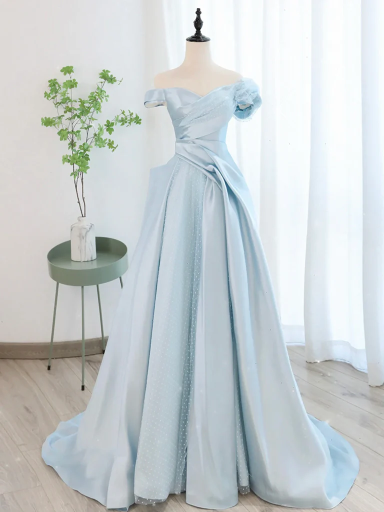 A-Line Off Shoulder Satin Tulle Blue Long Prom Dress, Blue Long Formal Dress - Deanwangkt